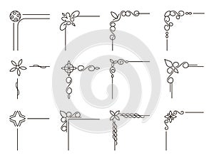 Line ornamental corners. Decorative flourish elements, elegant celtic swirls and arabesque swirl borders. Vector vintage