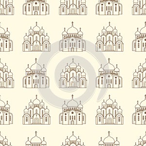 Line orthodox church buildings seamless pattern background