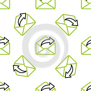 Line Outgoing mail icon isolated seamless pattern on white background. Envelope symbol. Outgoing message sign. Mail