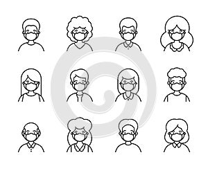 Line outline icon set of avatar people in medical mask