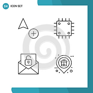 Line Pack of 4 Universal Symbols of add, email, chipset, gadget, unlock