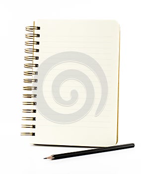 Line paper notebook with black pencil isolated on white background