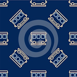 Line Passenger train cars icon isolated seamless pattern on blue background. Railway carriage. Vector