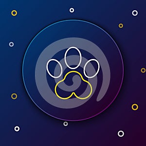 Line Paw print icon isolated on blue background. Dog or cat paw print. Animal track. Colorful outline concept. Vector