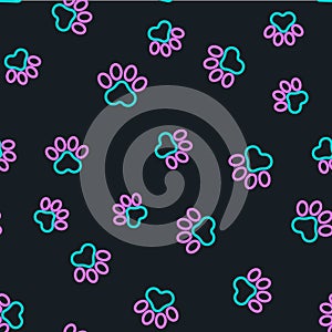 Line Paw print icon isolated seamless pattern on black background. Dog or cat paw print. Animal track. Vector