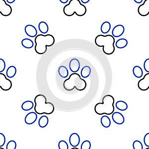 Line Paw print icon isolated seamless pattern on white background. Dog or cat paw print. Animal track. Colorful outline