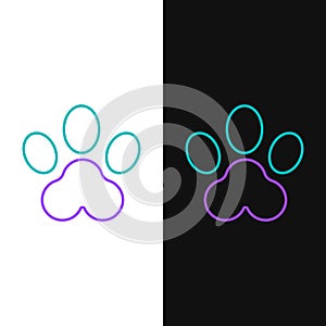 Line Paw print icon isolated on white and black background. Dog or cat paw print. Animal track. Colorful outline concept