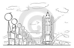 Line of People Waiting for Spaceflight, Space Ship Launch. Vector Cartoon Stick Figure Illustration