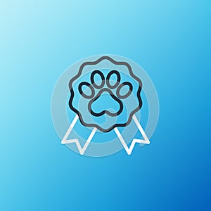 Line Pet award symbol icon isolated on blue background. Badge with dog or cat paw print and ribbons. Medal for animal