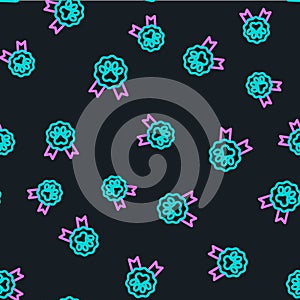 Line Pet award symbol icon isolated seamless pattern on black background. Badge with dog or cat paw print and ribbons