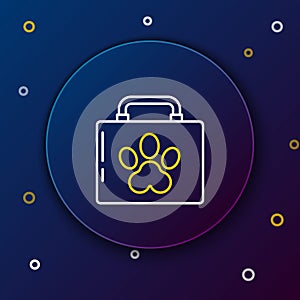 Line Pet first aid kit icon isolated on blue background. Dog or cat paw print. Clinic box. Colorful outline concept