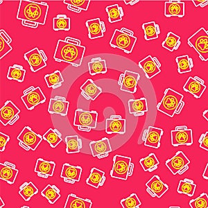 Line Pet first aid kit icon isolated seamless pattern on red background. Dog or cat paw print. Clinic box. Vector