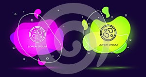 Line Petri dish with bacteria icon isolated on black background. Abstract banner with liquid shapes. Vector