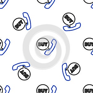 Line Phone and speech bubble with text Buy icon isolated seamless pattern on white background. Online buying symbol