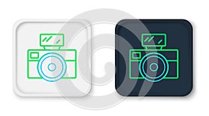 Line Photo camera with lighting flash icon isolated on white background. Foto camera. Digital photography. Colorful