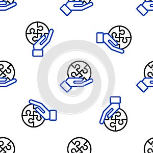 Line Piece of puzzle in hand icon isolated seamless pattern on white background. Business, marketing, finance, template
