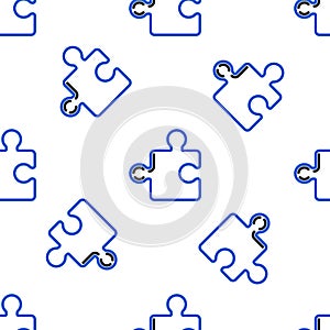 Line Piece of puzzle icon isolated seamless pattern on white background. Modern flat, business, marketing, finance
