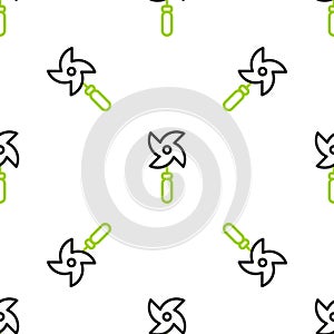 Line Pinwheel toy icon isolated seamless pattern on white background. Windmill toy icon. Vector