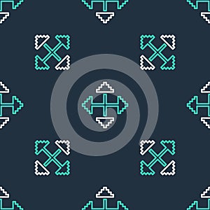 Line Pixel arrows in four directions icon isolated seamless pattern on black background. Cursor move sign. Vector