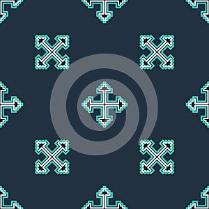 Line Pixel arrows in four directions icon isolated seamless pattern on black background. Cursor move sign. Vector
