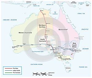 Line plan of the three Australian remote trains The Overland, Indian Pacific, The Ghan