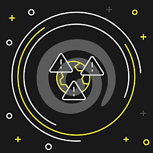 Line Planet earth symbol with exclamation mark icon isolated on black background. Global earth, Exclamation mark danger