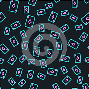 Line Playing card with diamonds symbol icon isolated seamless pattern on black background. Casino gambling. Vector