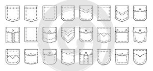 Line pockets. Sewing outline patches for men and women pants, textile uniform and bagged cloth elements. Vector cotton