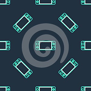 Line Portable video game console icon isolated seamless pattern on black background. Gamepad sign. Gaming concept