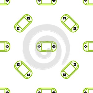 Line Portable video game console icon isolated seamless pattern on white background. Gamepad sign. Gaming concept