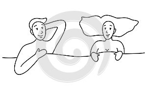 Line portrait. Couple in bed. Naked man and woman under the blanket.