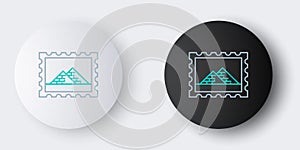 Line Postal stamp and Egypt pyramids icon isolated on grey background. Colorful outline concept. Vector