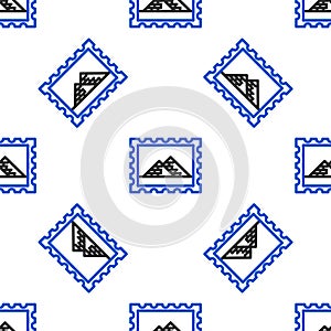 Line Postal stamp and Egypt pyramids icon isolated seamless pattern on white background. Colorful outline concept