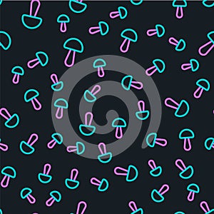 Line Psilocybin mushroom icon isolated seamless pattern on black background. Psychedelic hallucination. Vector