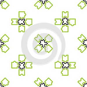 Line Puzzle pieces toy icon isolated seamless pattern on white background. Vector