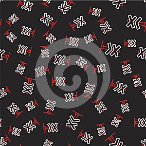 Line Railroad crossing icon isolated seamless pattern on black background. Railway sign. Vector