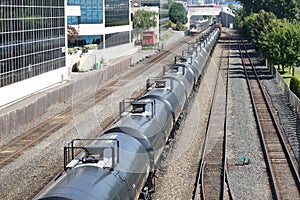 A line of railroad train tanker cars