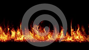 Line of real flames burning on black background. Real fire. Transparent background.