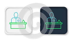 Line Receptionist standing at hotel reception desk icon isolated on white background. Colorful outline concept. Vector