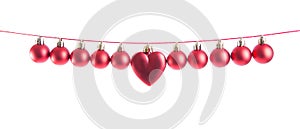 Line of red christmas balls on white background. Christmas decorations