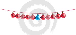 Line of red christmas balls on white background. Christmas decorations