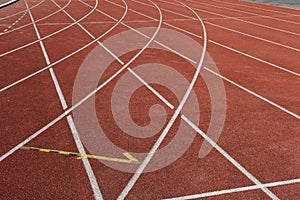 Line of red racetrack using for sport running marathon compose of 4 track and cutting point curve