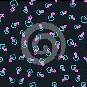 Line Religious cross in the heart inside icon isolated seamless pattern on black background. Love of God, Catholic and