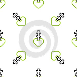 Line Religious cross in the heart inside icon isolated seamless pattern on white background. Love of God, Catholic and