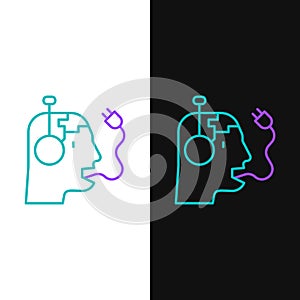 Line Robot charging battery icon isolated on white and black background. Artificial intelligence, machine learning