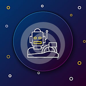 Line Robot humanoid driving a car icon isolated on blue background. Artificial intelligence, machine learning, cloud