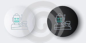 Line Robot humanoid driving a car icon isolated on grey background. Artificial intelligence, machine learning, cloud