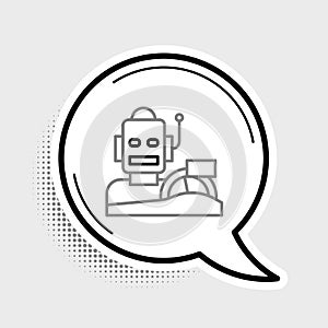 Line Robot humanoid driving a car icon isolated on grey background. Artificial intelligence, machine learning, cloud