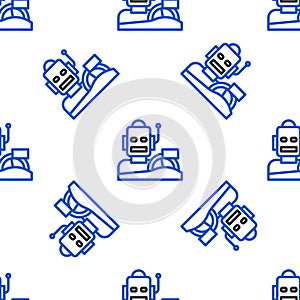 Line Robot humanoid driving a car icon isolated seamless pattern on white background. Artificial intelligence, machine