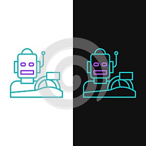 Line Robot humanoid driving a car icon isolated on white and black background. Artificial intelligence, machine learning